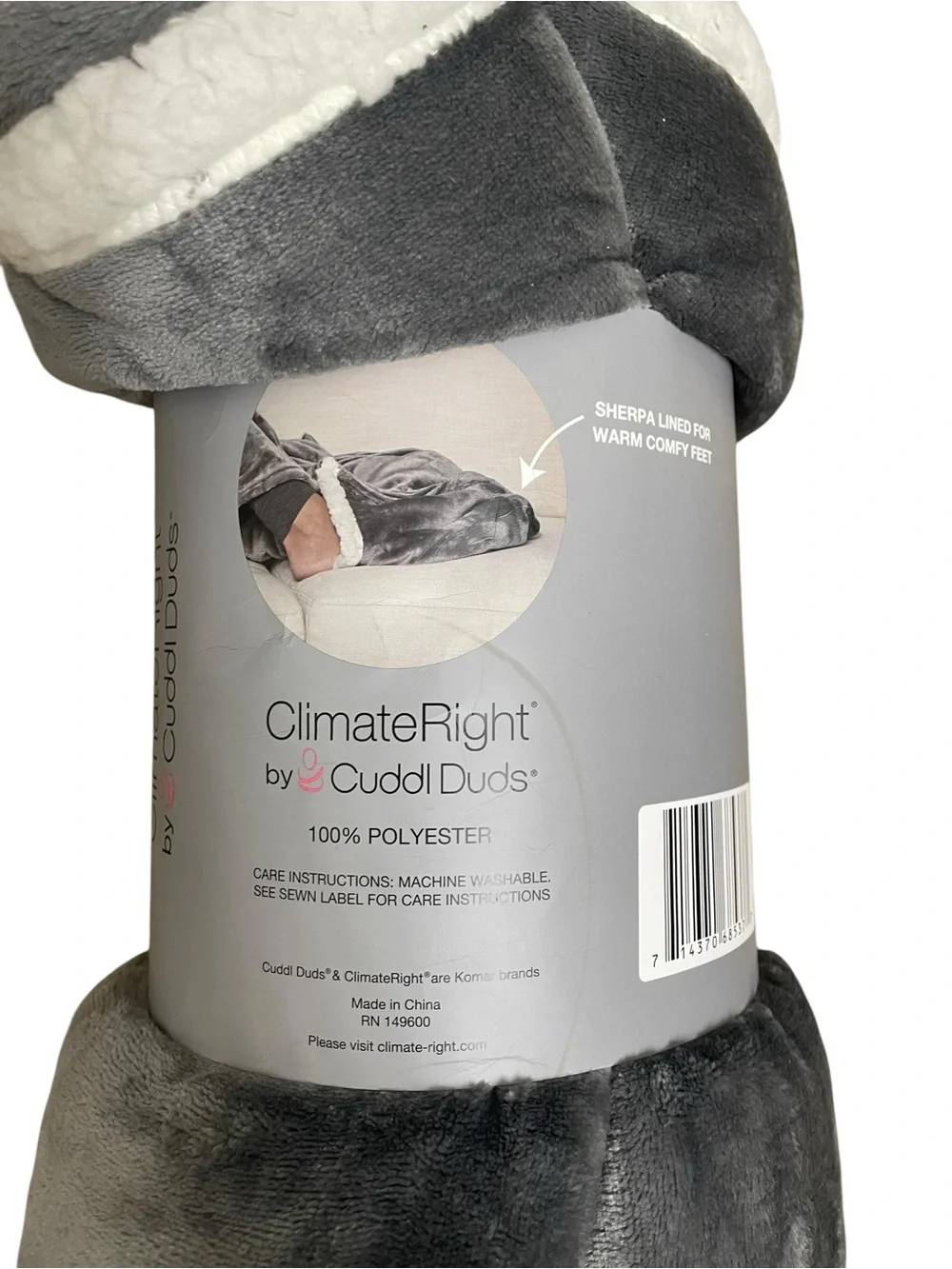 Cuddl Duds ClimateRight Plush Throw Blanket Sherpa Lined Foot Pocket Grey 50x70